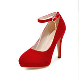 Fashion European and American style platform pointed suede buckle stiletto heel sexy ladies high heels wedding shoes 34 red