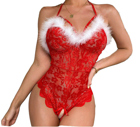 Christmas sexy red lace one-piece lingerie