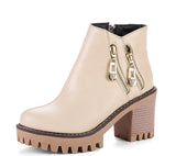 Round toe mid heel, square heel non-slip metal zip side zip Martin boots women