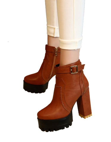 Women's boots thick heel Round toe women's boots belt buckle women's boots