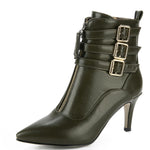 Pointed mid-heel stiletto heel Metal double buckle strap fashion side zip martin boots women