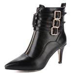 Pointed mid-heel stiletto heel Metal double buckle strap fashion side zip martin boots women