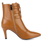 Pointed mid-heel stiletto heel Metal double buckle strap fashion side zip martin boots women