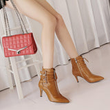 Pointed mid-heel stiletto heel Metal double buckle strap fashion side zip martin boots women