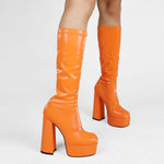 Round-toe chunky high-heeled platform Oversized stretch Sleeve Women's mid-cap boots stretch boots