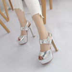 High-heeled block heel platform Fish mouth bright leather buckle fashion sandals woman