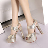 High-heeled block heel platform Fish mouth bright leather buckle fashion sandals woman