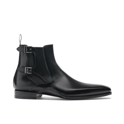 Autumn and winter new men's pure black round toe buckle Low profile British men's leather boots