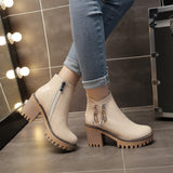 Round toe mid heel, square heel non-slip metal zip side zip Martin boots women