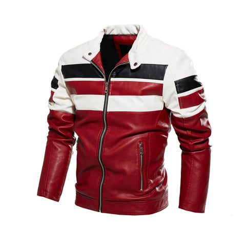 Men's jacket new men's motorcycle suit color-block pu jacket with the same plush leather jacket for men in size