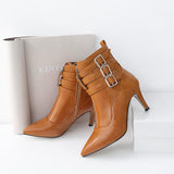 Pointed mid-heel stiletto heel Metal double buckle strap fashion side zip martin boots women