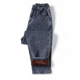 Winter Thick Fleece Warm Loose mom harem pants Jeans Women High waist casual streetwear female blue denim pants Plus