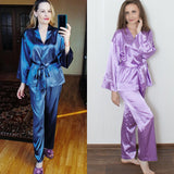 Solid Women Robes With Sashes 2 Piece Set Wrist Sleep Tops Satin Pants Loose Pajamas Casual Sleepwear Female Home Suits XL Champagne