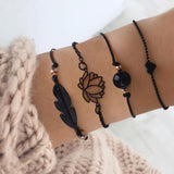 4PCs Gothic Black Feather Lotus Bracelets Set Heart Charm Boho Bangles For Women Wrist Chain Bracelets