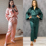 Solid Women Robes With Sashes 2 Piece Set Wrist Sleep Tops Satin Pants Loose Pajamas Casual Sleepwear Female Home Suits XL Champagne