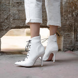 Fashion European and American solid color lace-up stiletto heel sexy women's boots 34 white