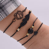 4PCs Gothic Black Feather Lotus Bracelets Set Heart Charm Boho Bangles For Women Wrist Chain Bracelets