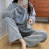 Winter Pyjamas Set Women's Flannel Pajamas Autumn and Warm Coral Bath Velvet Suit Badjas Female Sleepwear Robes OneSize skyblue