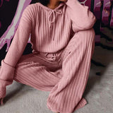 Autumn Winter Knitted Pajama Set Women Hooded Pajama Pants Home Suit for Women Long Sleeve Sleepwear Loose Lounge Wear Ladies XL grey