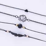 4PCs Gothic Black Feather Lotus Bracelets Set Heart Charm Boho Bangles For Women Wrist Chain Bracelets