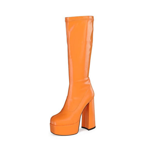 Round-toe chunky high-heeled platform Oversized stretch Sleeve Women's mid-cap boots stretch boots
