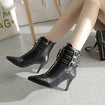 Pointed mid-heel stiletto heel Metal double buckle strap fashion side zip martin boots women