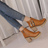 Round toe mid heel, square heel non-slip metal zip side zip Martin boots women