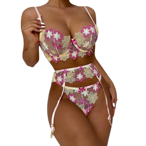 Colorful embroidered three-point erotic lingerie