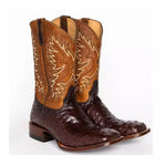 Western denim exotic embroidered leather boots Mid-heeled square-toe men's boots 38 brown