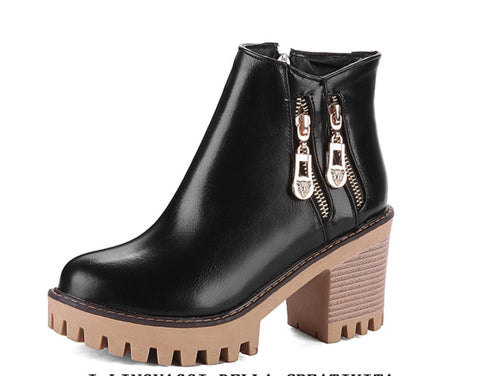 Round toe mid heel, square heel non-slip metal zip side zip Martin boots women
