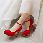 Fashion European and American style platform pointed suede buckle stiletto heel sexy ladies high heels wedding shoes 34 red