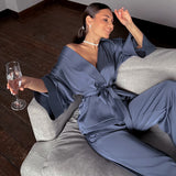 Solid Women Robes With Sashes 2 Piece Set Wrist Sleep Tops Satin Pants Loose Pajamas Casual Sleepwear Female Home Suits XL Champagne