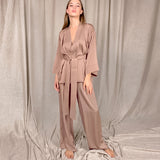 Solid Women Robes With Sashes 2 Piece Set Wrist Sleep Tops Satin Pants Loose Pajamas Casual Sleepwear Female Home Suits XL Champagne