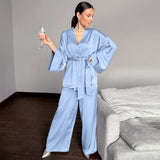 Solid Women Robes With Sashes 2 Piece Set Wrist Sleep Tops Satin Pants Loose Pajamas Casual Sleepwear Female Home Suits XL Champagne