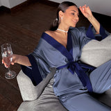 Solid Women Robes With Sashes 2 Piece Set Wrist Sleep Tops Satin Pants Loose Pajamas Casual Sleepwear Female Home Suits XL Champagne