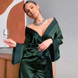 Solid Women Robes With Sashes 2 Piece Set Wrist Sleep Tops Satin Pants Loose Pajamas Casual Sleepwear Female Home Suits XL Champagne