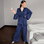 Solid Women Robes With Sashes 2 Piece Set Wrist Sleep Tops Satin Pants Loose Pajamas Casual Sleepwear Female Home Suits XL Champagne