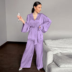 Solid Women Robes With Sashes 2 Piece Set Wrist Sleep Tops Satin Pants Loose Pajamas Casual Sleepwear Female Home Suits XL Champagne