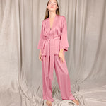 Solid Women Robes With Sashes 2 Piece Set Wrist Sleep Tops Satin Pants Loose Pajamas Casual Sleepwear Female Home Suits XL Champagne