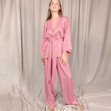 Solid Women Robes With Sashes 2 Piece Set Wrist Sleep Tops Satin Pants Loose Pajamas Casual Sleepwear Female Home Suits XL Champagne