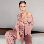 Solid Women Robes With Sashes 2 Piece Set Wrist Sleep Tops Satin Pants Loose Pajamas Casual Sleepwear Female Home Suits XL Champagne