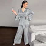 Solid Women Robes With Sashes 2 Piece Set Wrist Sleep Tops Satin Pants Loose Pajamas Casual Sleepwear Female Home Suits XL Champagne