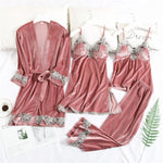 Women Winter Velvet 4 Piece Sexy Pajamas Set  Dressing Gown Lace Sling  Shorts Warm Robe Sleepwear Woman Pajamas