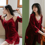 Women Winter Velvet 4 Piece Sexy Pajamas Set  Dressing Gown Lace Sling  Shorts Warm Robe Sleepwear Woman Pajamas