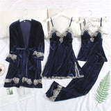 Women Winter Velvet 4 Piece Sexy Pajamas Set  Dressing Gown Lace Sling  Shorts Warm Robe Sleepwear Woman Pajamas