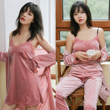 Women Winter Velvet 4 Piece Sexy Pajamas Set  Dressing Gown Lace Sling  Shorts Warm Robe Sleepwear Woman Pajamas