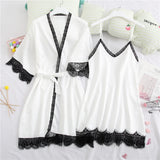 Summer Sexy Black Lace Women Robe Sets 2PCS Rayon Lounge Sling Nightgown Bathrobe Gown Sexy Lingerie Sleepwear Home Wear