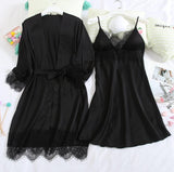 Summer Sexy Black Lace Women Robe Sets 2PCS Rayon Lounge Sling Nightgown Bathrobe Gown Sexy Lingerie Sleepwear Home Wear